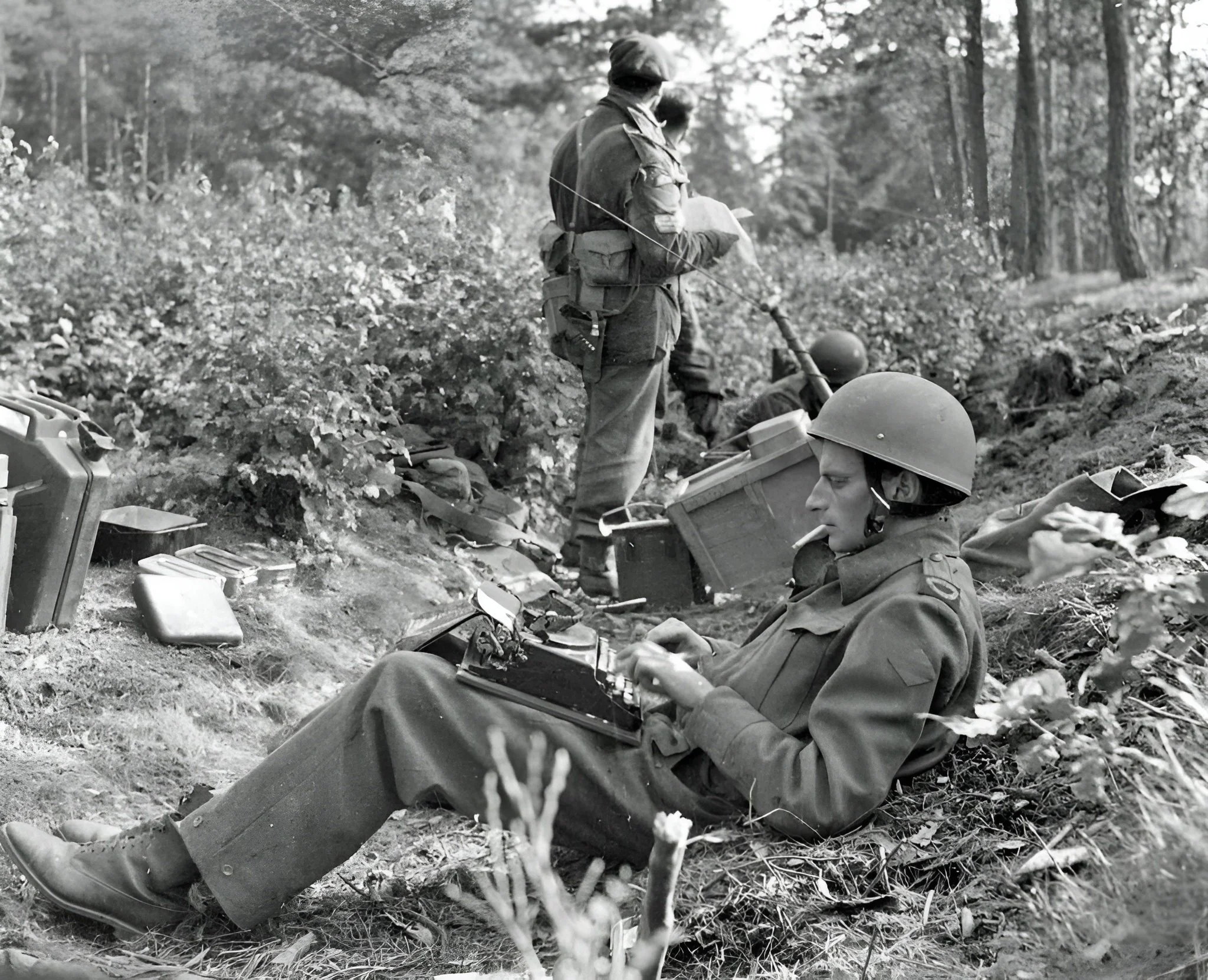War correspondent typing his dispatch