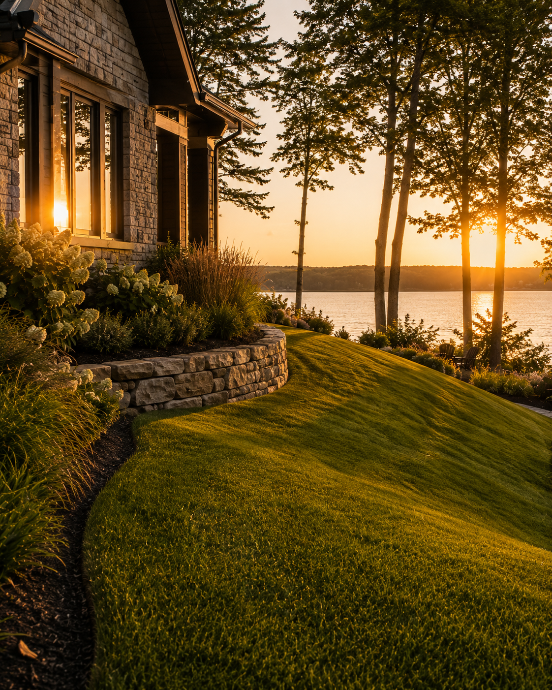 A sunset view of a house with a stone exterior, overlooking a lake. Well-maintained lawn, flower bed, and trees are visible in the landscape.