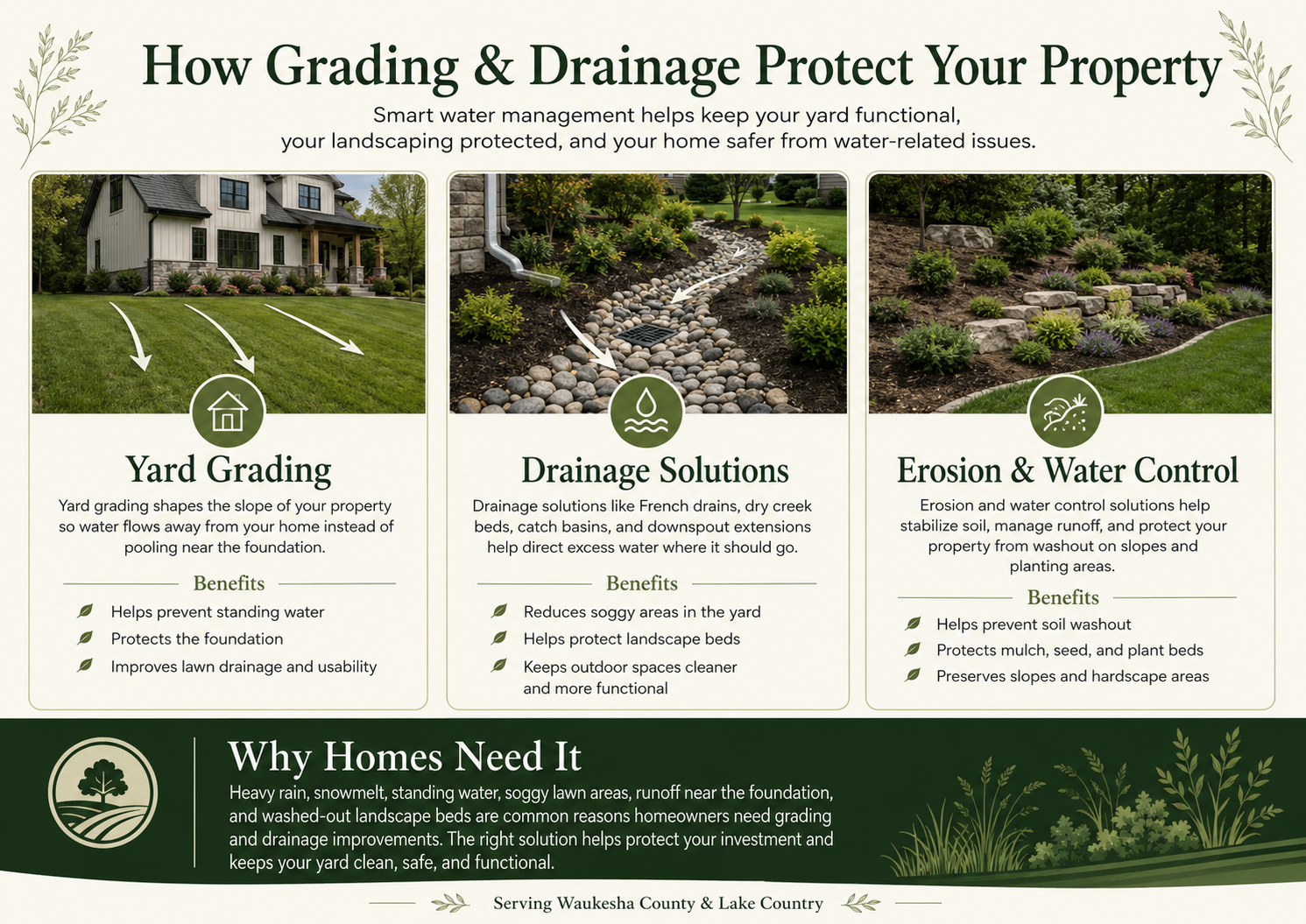 An infographic titled 'How Grading & Drainage Protect Your Property,' illustrating yard grading, drainage solutions, and erosion and water control with images and benefits, at the bottom is a section on why homes need grading. The images depict a house with a graded lawn, a drainage system with rocks, and landscaped gardens with erosion control.