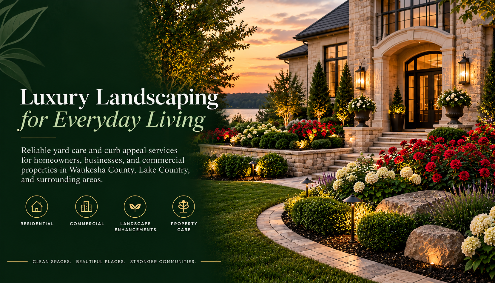 Luxury landscaped home with flower beds, outdoor lighting and manicured landscaping in Lake Country Wisconsin.