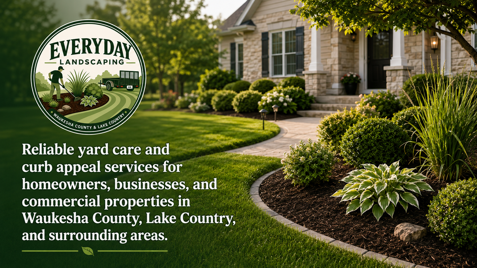 Clean landscaped front yard with fresh mulch, trimmed shrubs, and curb appeal landscaping by Everyday Landscaping WI