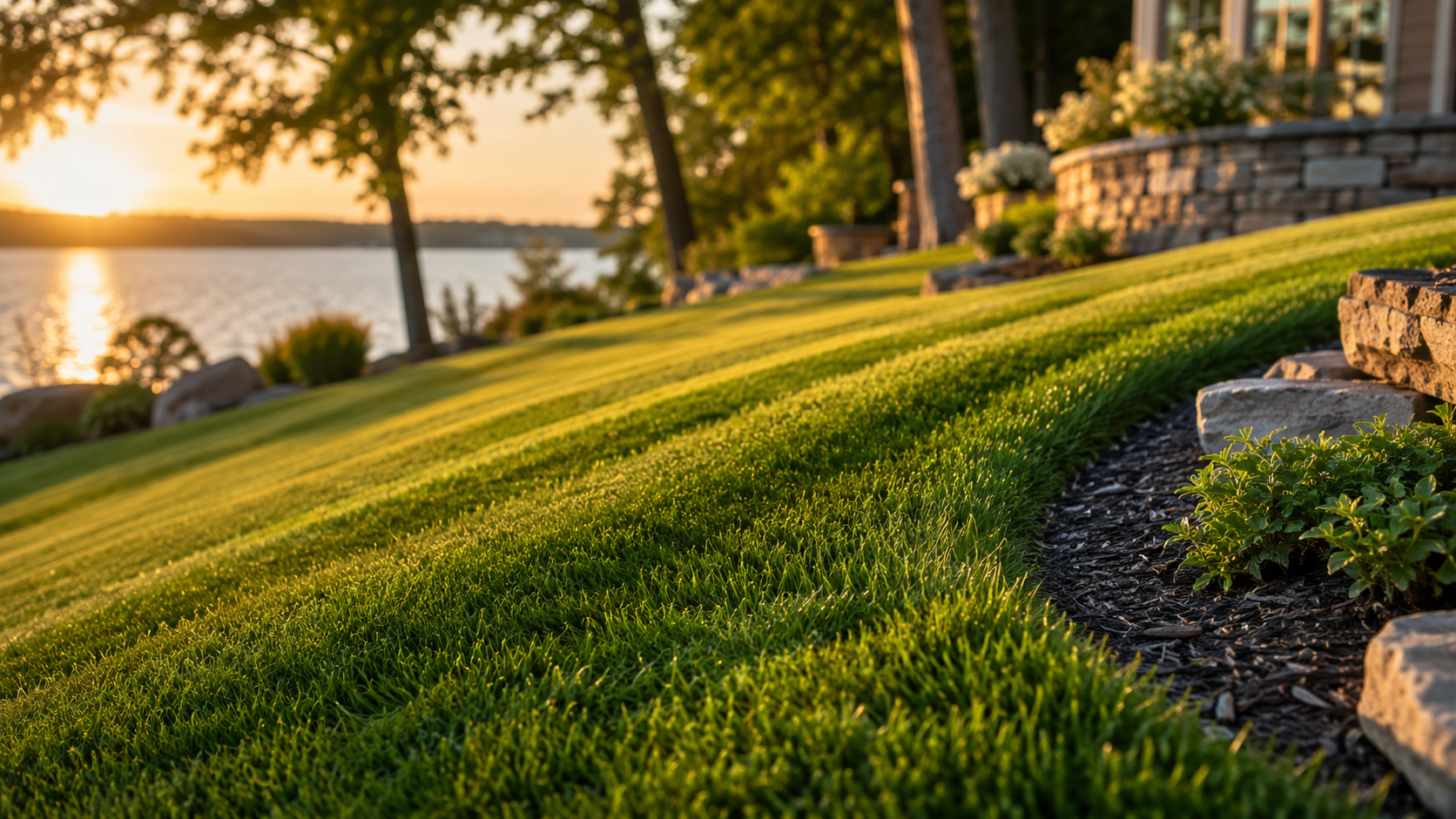 Sunset over a manicured lawn with a lake in the background, trees, rocks, and a stone-bordered flower bed near a house.