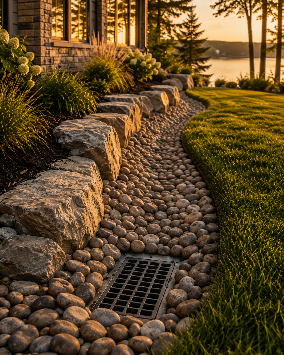A curved garden pathway made of smooth brown pebbles, bordered by large rocks and lush green plants, leading to a house with a stone exterior near a body of water at sunset.