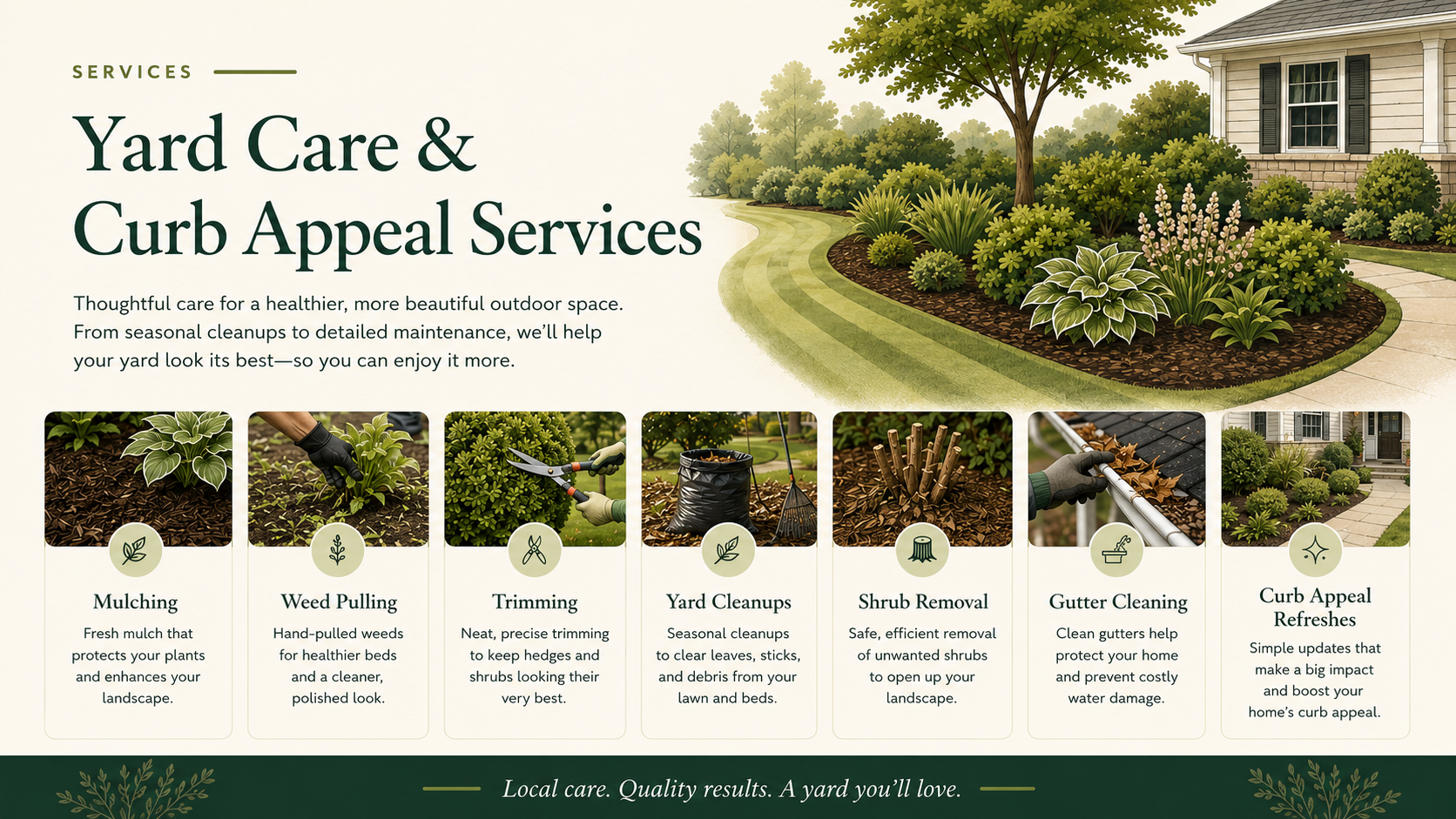 Everyday Landscaping services including mulching, weed pulling, trimming, yard cleanups, shrub removal, gutter cleaning, and curb appeal refreshes