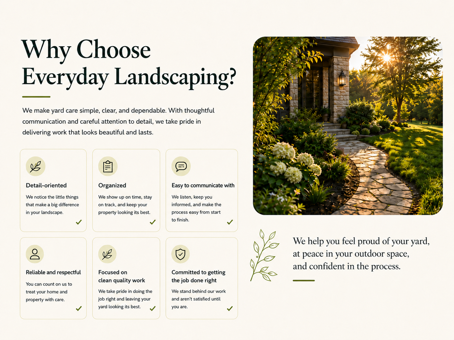 Landscaped front walkway with clean garden beds, trimmed shrubs, and warm sunlight showing Everyday Landscaping WI’s detail-oriented yard care