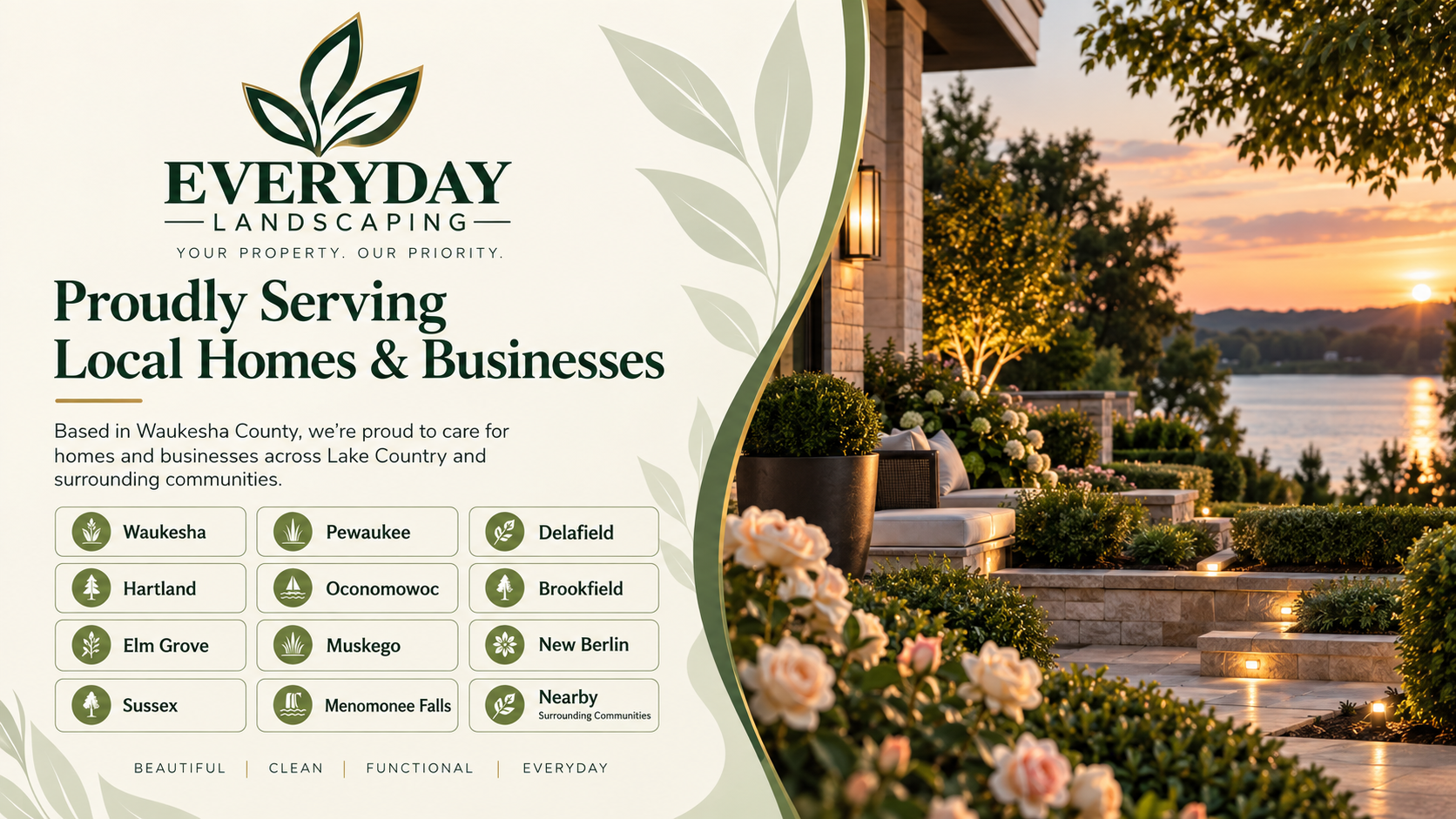 Landscaped outdoor patio with garden beds and lighting representing Everyday Landscaping services in Waukesha County and Lake Country Wisconsin.