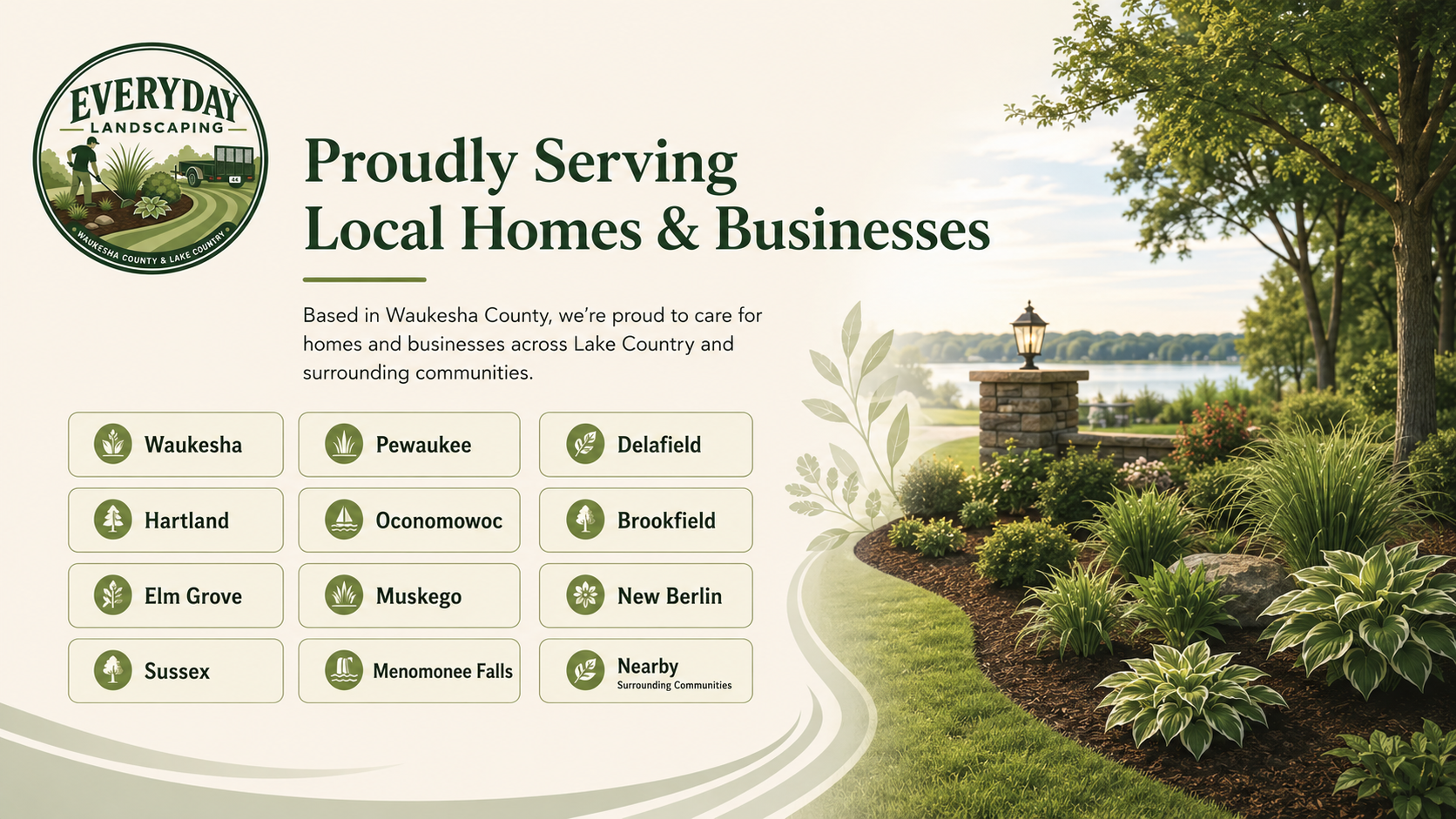 A landscaped area with a winding pathway, trees, shrubs, a stone pillar with a lamp post, and a lake in the background, part of a promotional image for landscaping services.