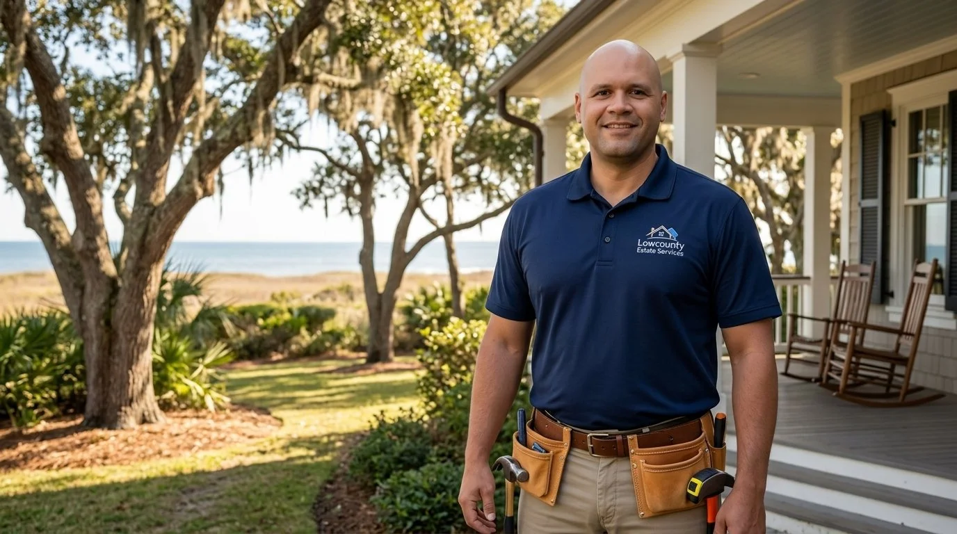 Adrian, owner of Lowcountry Estate Services, smiling on a Bluffton home porch wearing a branded polo and tool belt, representing professional home watch and property maintenance