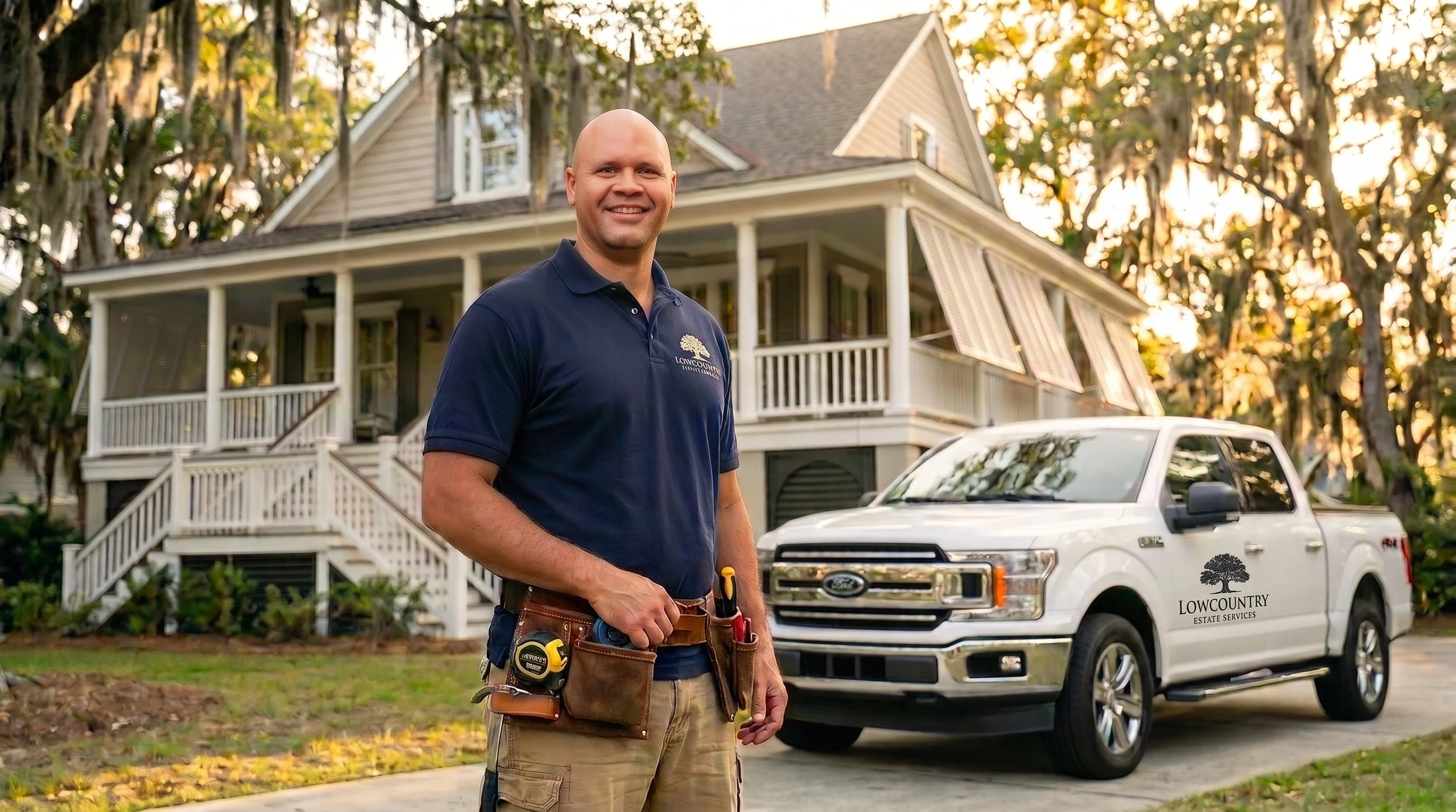 Adrian Hill of Lowcountry Estate Services in front of a Bluffton home