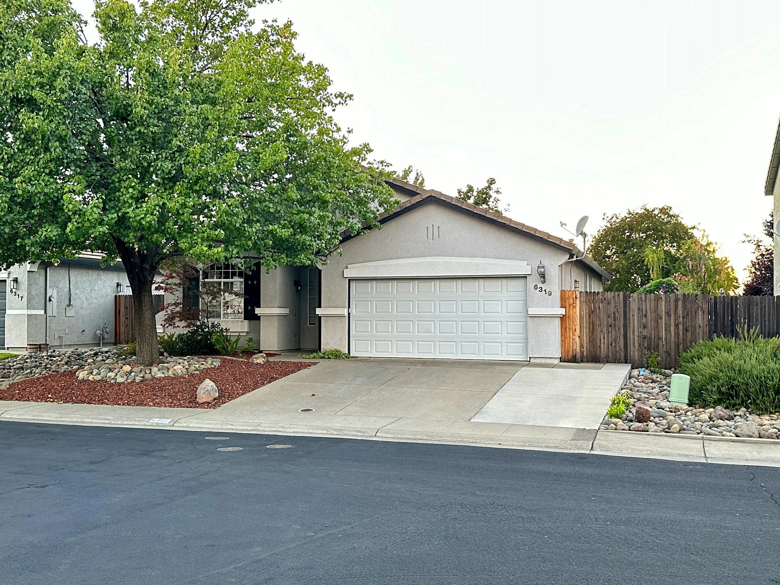 A suburban house with a garage, a large green tree in the front yard, rock landscaping, a driveway, a wooden fence, and plants near the sidewalk.