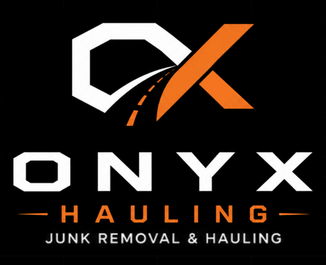 Onyx Hauling logo with white stylized 'O' and 'X', an orange arrow forming part of the 'X', and words 'Onyx Hauling Junk Removal & Hauling' on a black background.