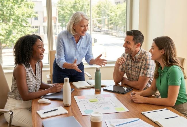 Four people having a meeting in a bright office, with large windows and city view, engaged in discussion around a table with notebooks, water bottles, and a floor plan or diagram.