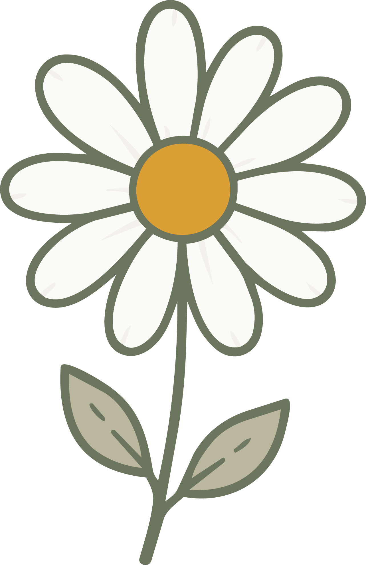 A simple illustrated daisy flower with white petals, a yellow center, green stem, and leaves on a black background.