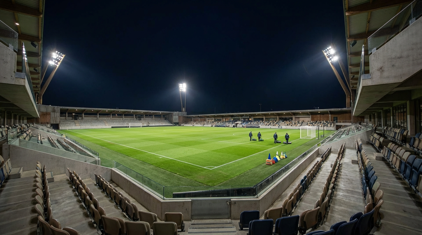 A soccer stadium under floodlights with a green pitch, evoking the DMV Stars FC youth soccer vision