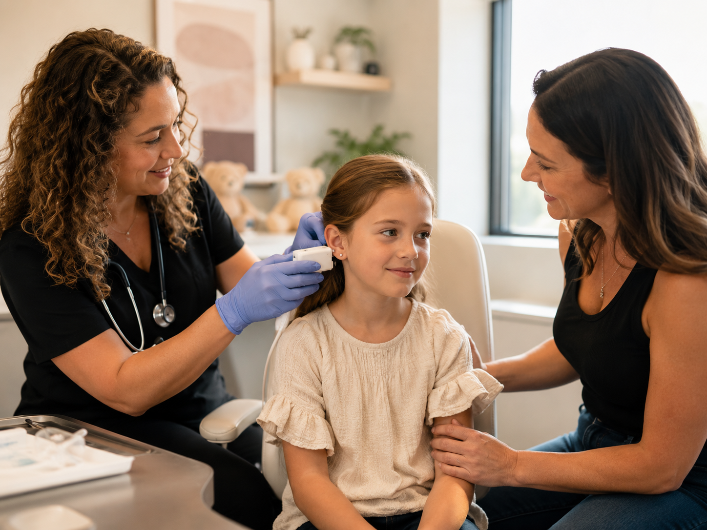 A young girl receiving an ear exam from a nurse while her mother holds her hand, in a medical office.