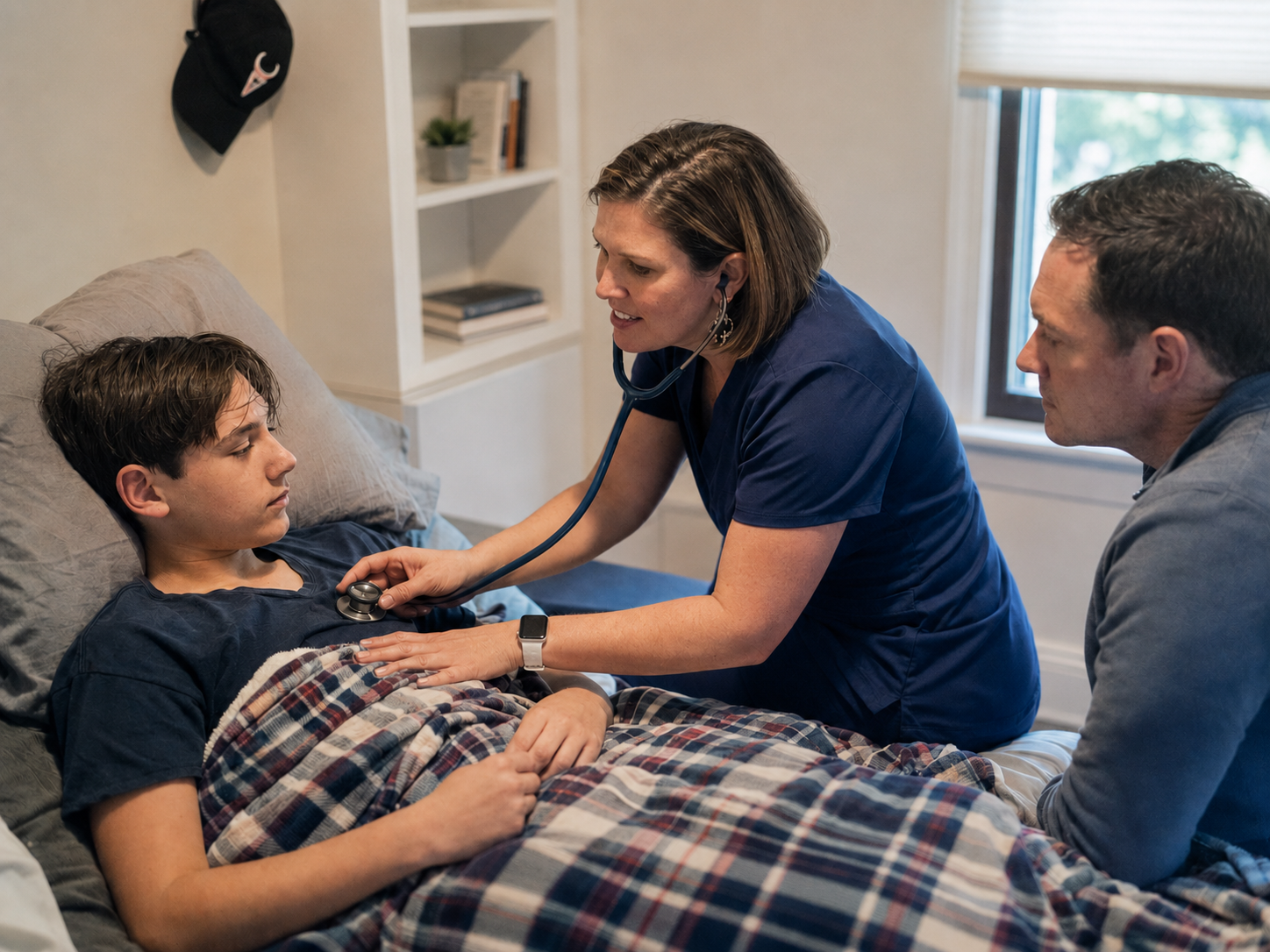 A doctor examining a teenage boy with a stethoscope while a man looks on in a bedroom.