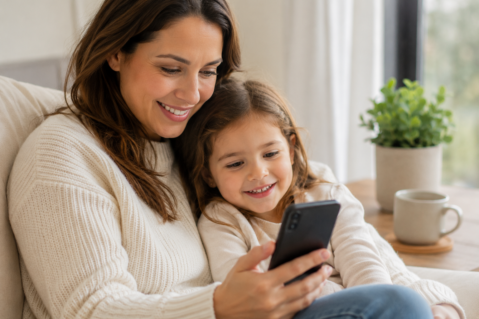 A woman and a young girl sitting on a couch, looking at a smartphone together, smiling, in a cozy room with a large window and a potted plant in the background.