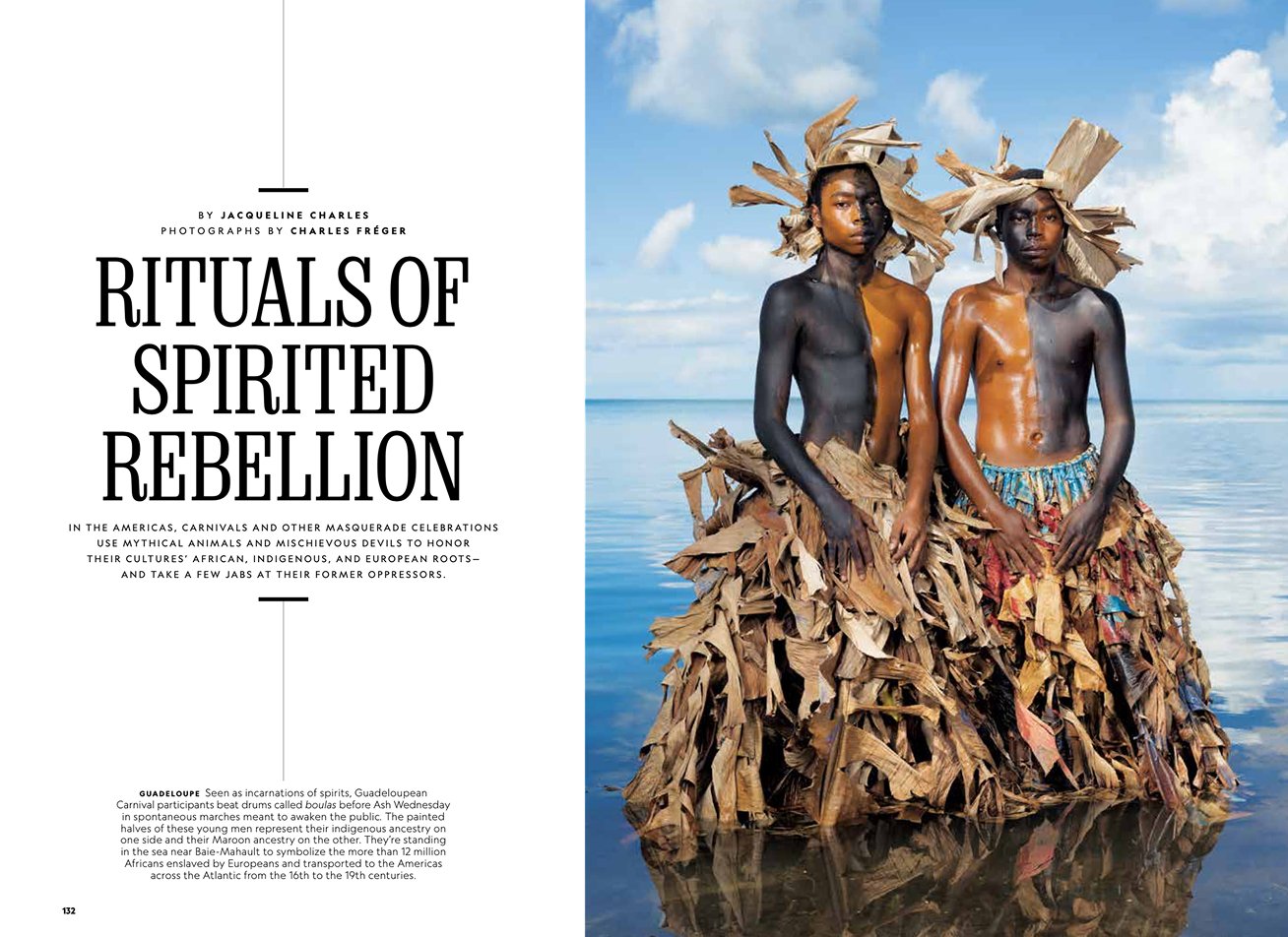 A magazine spread featuring the headline "Rituals of Spirited Rebellion" and a picture of two boys in costume standing near the water.