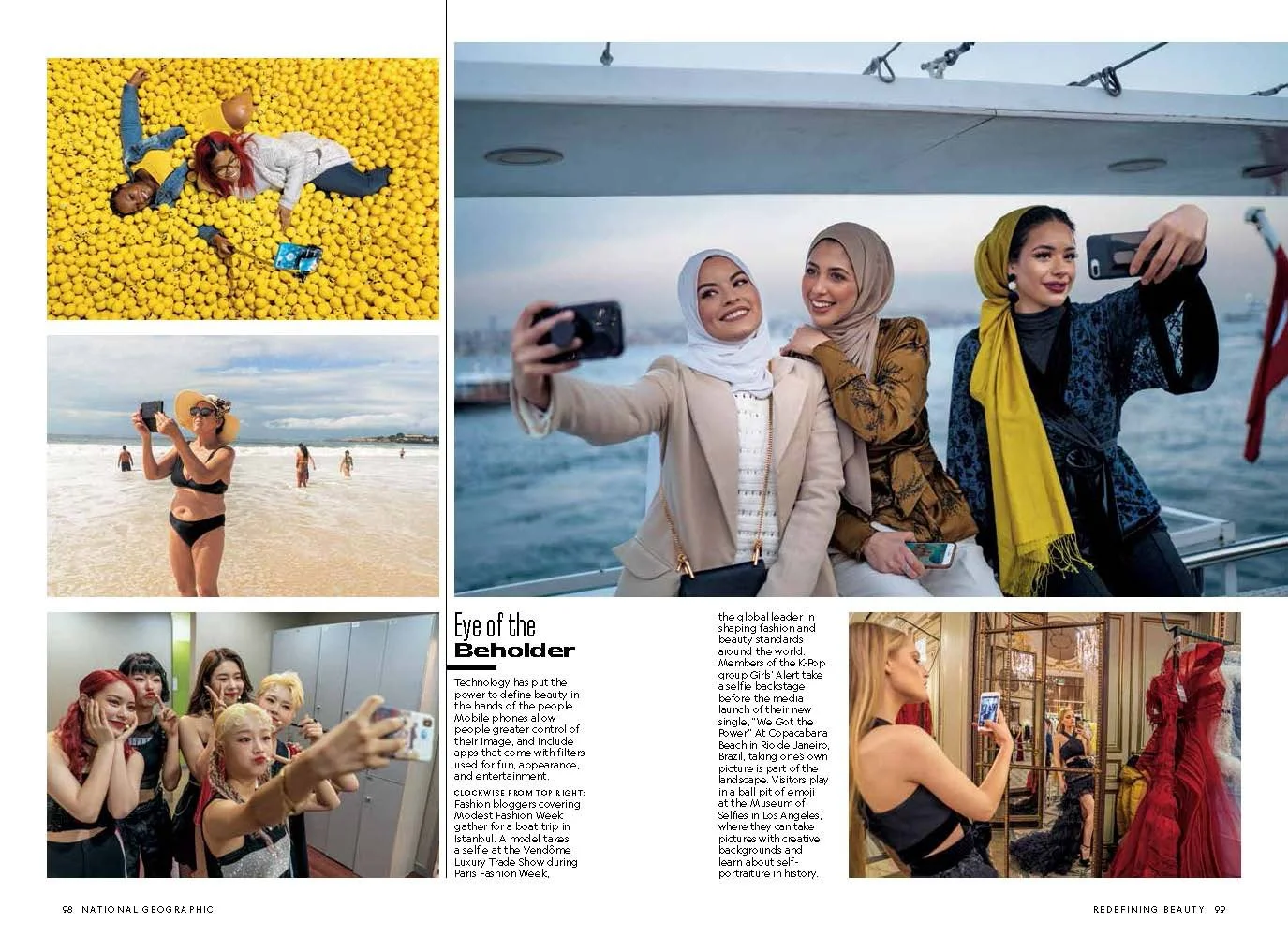 Collage of five photos showing women taking selfies on the beach, lying in a field of yellow flowers, and in a shopping mall with clothing displays.