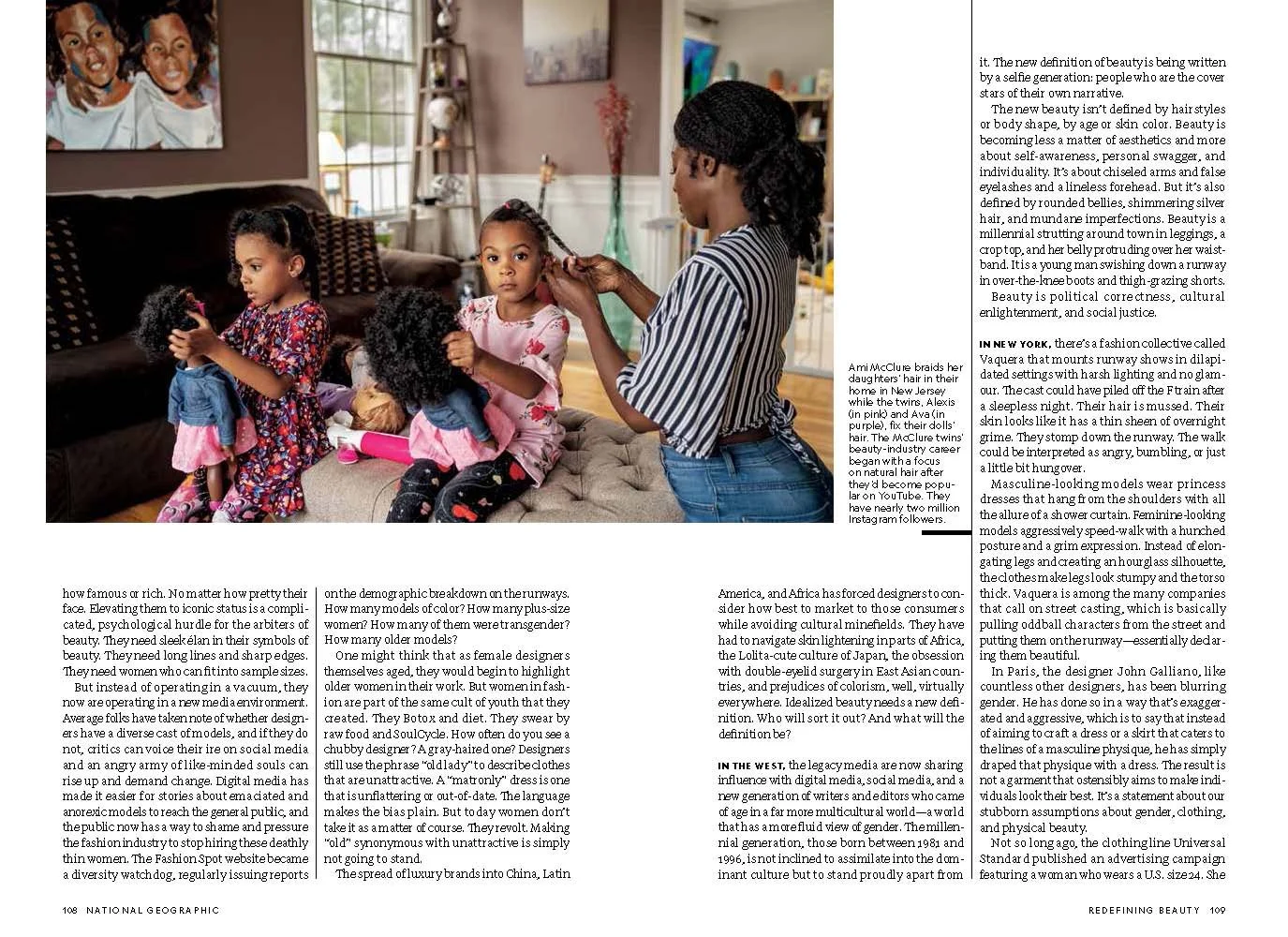 A magazine spread featuring text and a Black woman braiding the hair of two young girls in a living room with a sofa, window, artwork, and decorative items in the background.