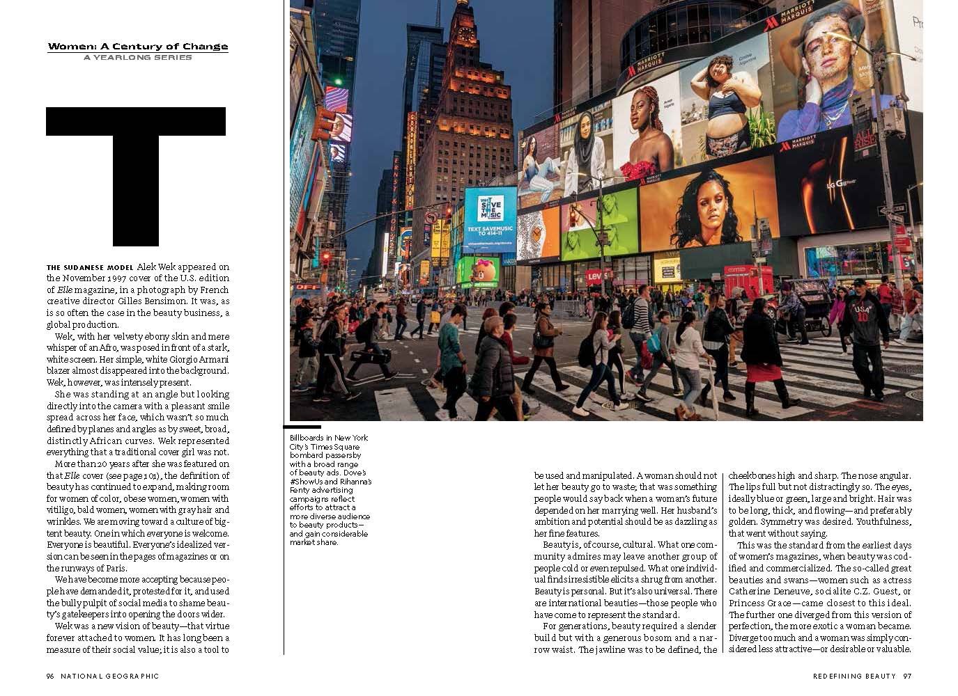 A magazine spread featuring billboards in New York City’s Times Square.