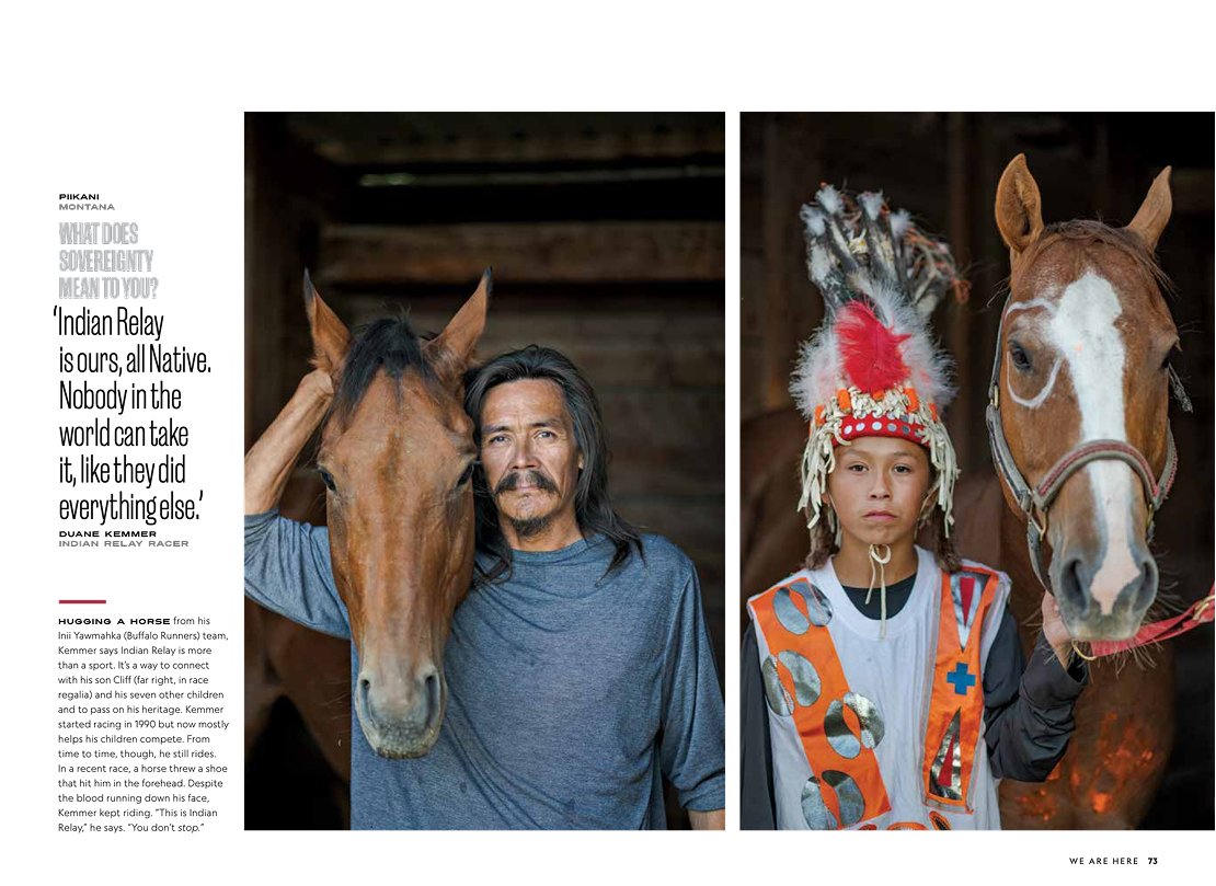 A man with long dark hair standing next to a brown horse, and a young person wearing a headdress and a patterned vest standing next to a white and brown horse. The images are part of a magazine spread.