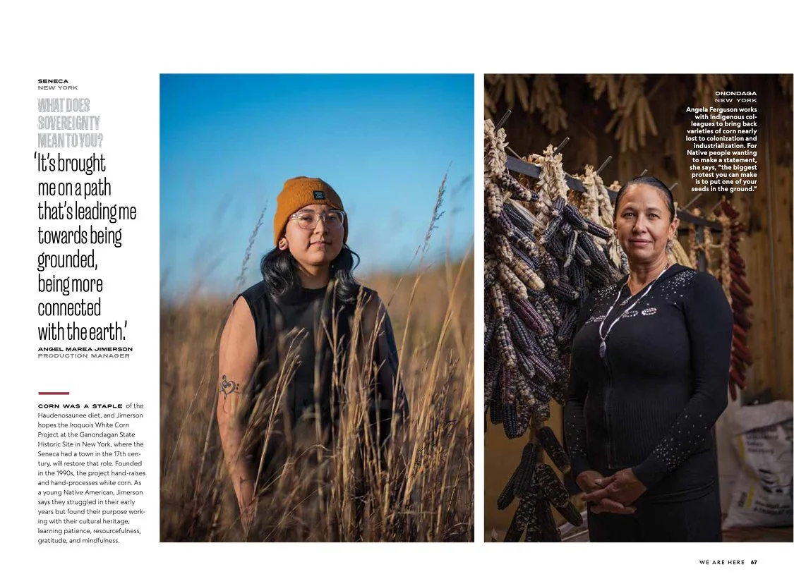 Two women, one standing in a field of tall grass and the other inside a craft store or workshop, surrounded by dried corn cobs on display.