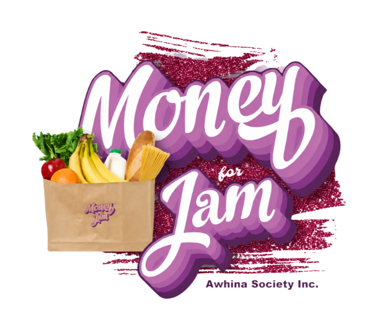 Colorful logo for 'Money for Jam' with a grocery bag filled with various produce and groceries.