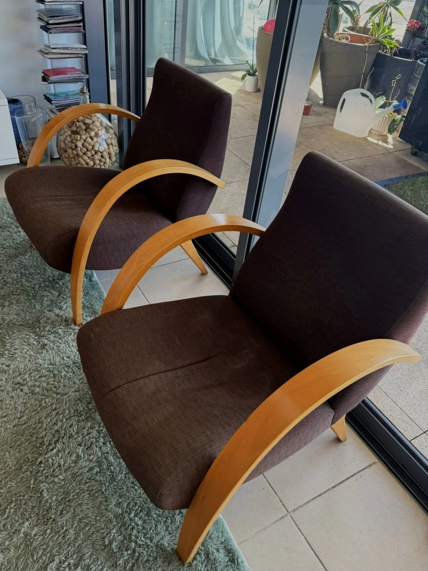 Two brown upholstered chairs with wooden armrests and legs, positioned near a glass sliding door with an outdoor patio and potted plants visible outside. A green shaggy rug partially covers the tile floor inside.