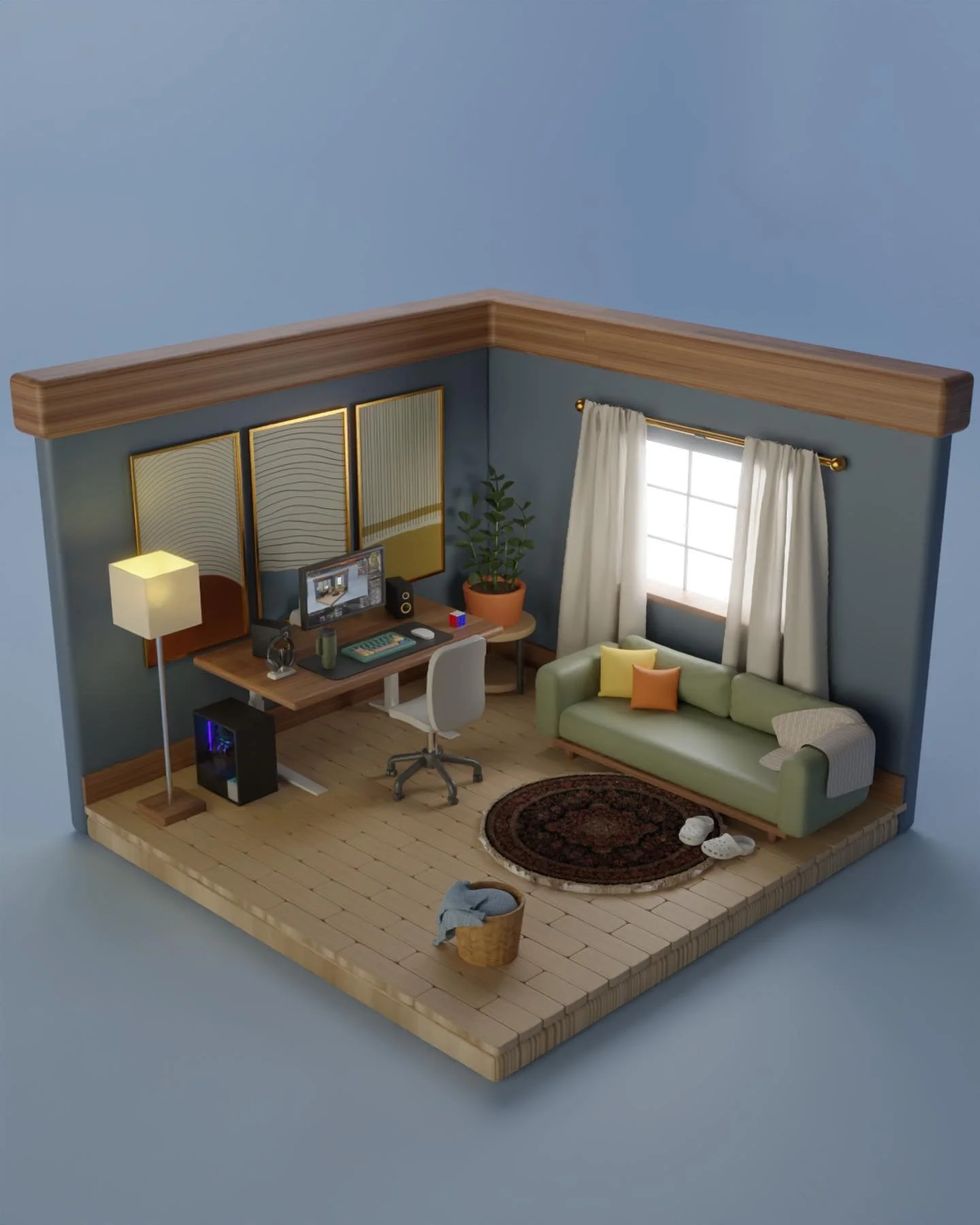 Here are some closeups of some of the details! Shoutout to @bree.creates for drawing the beautiful art pieces on the back wall!! 

#d #blender #dart #blendercommunity #dmodeling #art #blenderrender #render #digitalart #dartist #blenderart #b #dmodel 