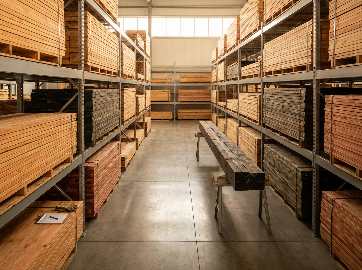 Warehouse aisle with shelves stacked with wooden planks on both sides, a wooden workbench with wooden blocks, a clipboard with paper, and a glove on a lower shelf, sunlight coming through windows at the back.