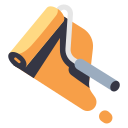 Paint roller with orange paint on a wall