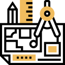 A minimalist icon with a gold and black color scheme featuring a paperclip, a circle, a rectangle, and a small square.