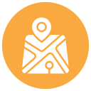 An orange icon of a person reading a map with a location pin.