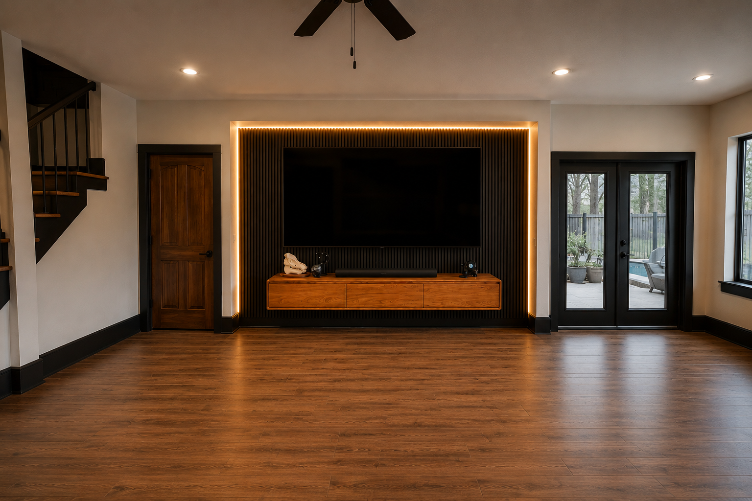Living room with a large black TV mounted on a dark wall with wood paneling, a wooden floating media console, and sliding glass doors leading to an outdoor patio with seating and plants.