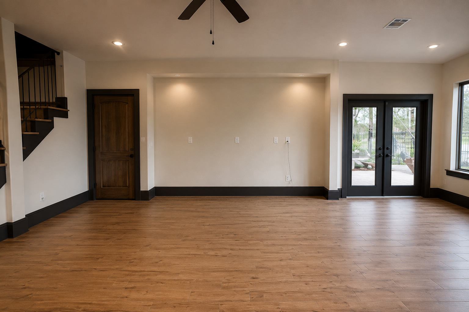 Empty room with hardwood floors, beige walls, a ceiling fan, a wooden door, and black-framed glass doors opening to an outdoor patio.