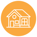 Icon of a house with a porch, set against an orange circular background.