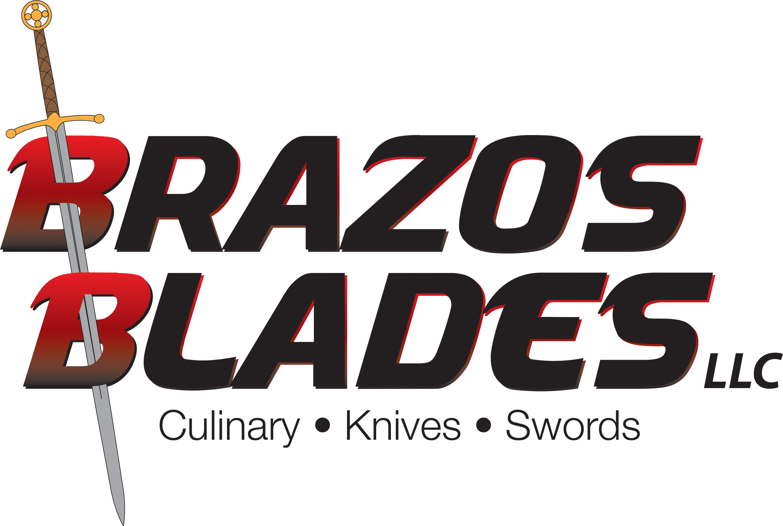 Logo of a company called 'Brazos Blades LLC' featuring a sword with a detailed hilt. The text below indicates they offer cutlery, knives, and swords.
