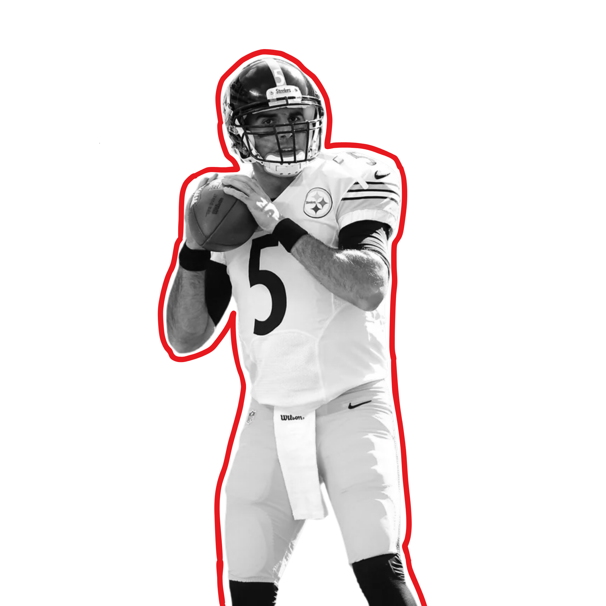 A football player in a white uniform with black accessories, holding a football, with a black helmet with a gold logo, against a red background.
