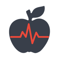 A dark-colored apple icon with a red heart rate line running through its middle.