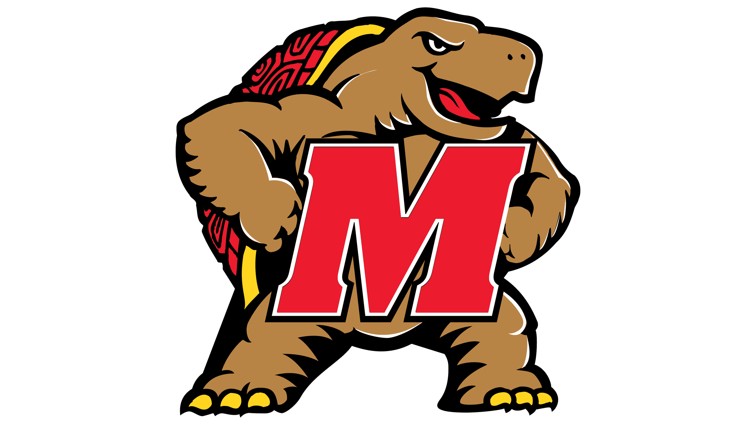 A cartoon mascot of a fierce-looking terrapin turtle with brown skin and a red shell with a yellow stripe, holding a large red letter 'M' for Maryland.