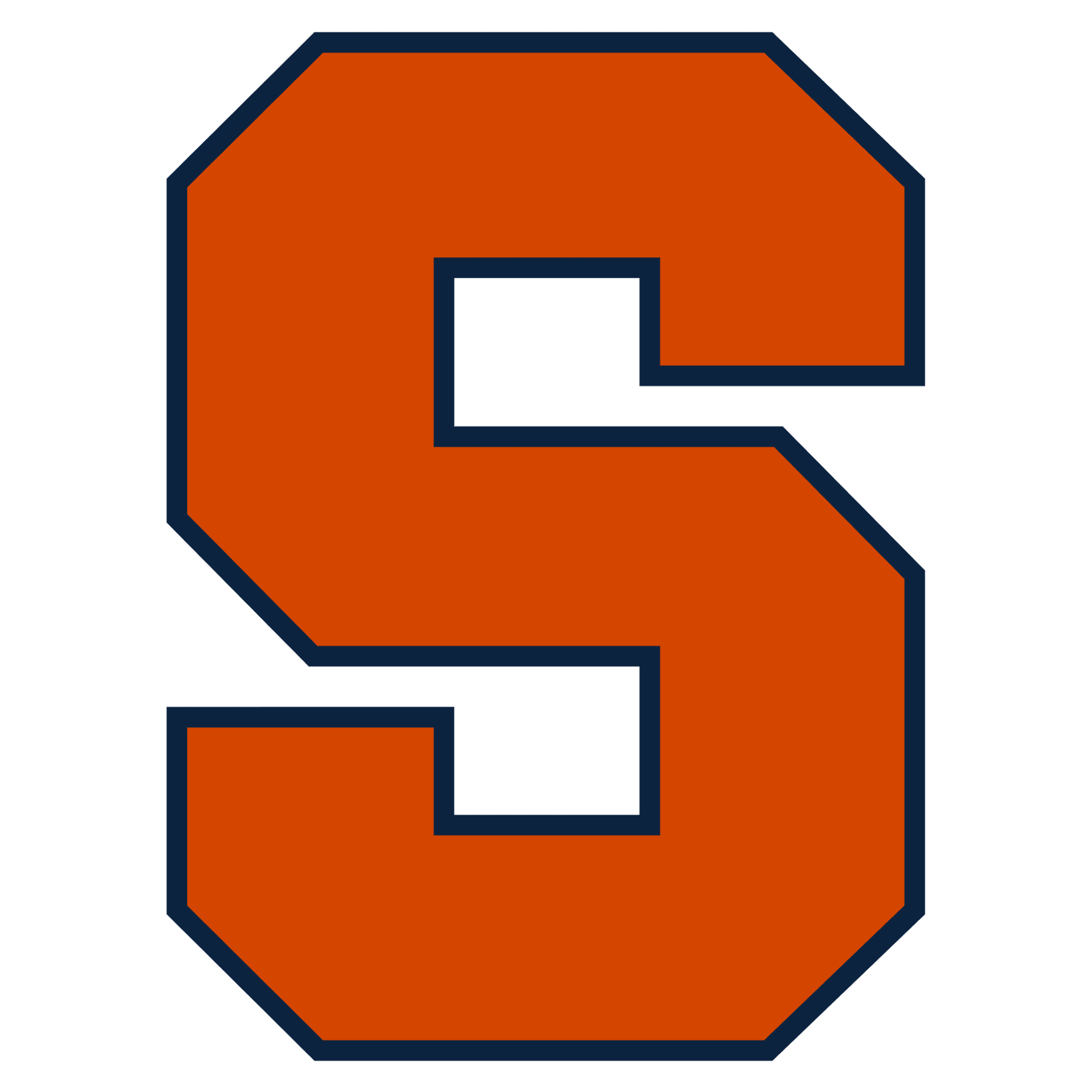 A stylized letter S for Syracuse in orange outlined in dark blue representing the logo for Syracuse University.
