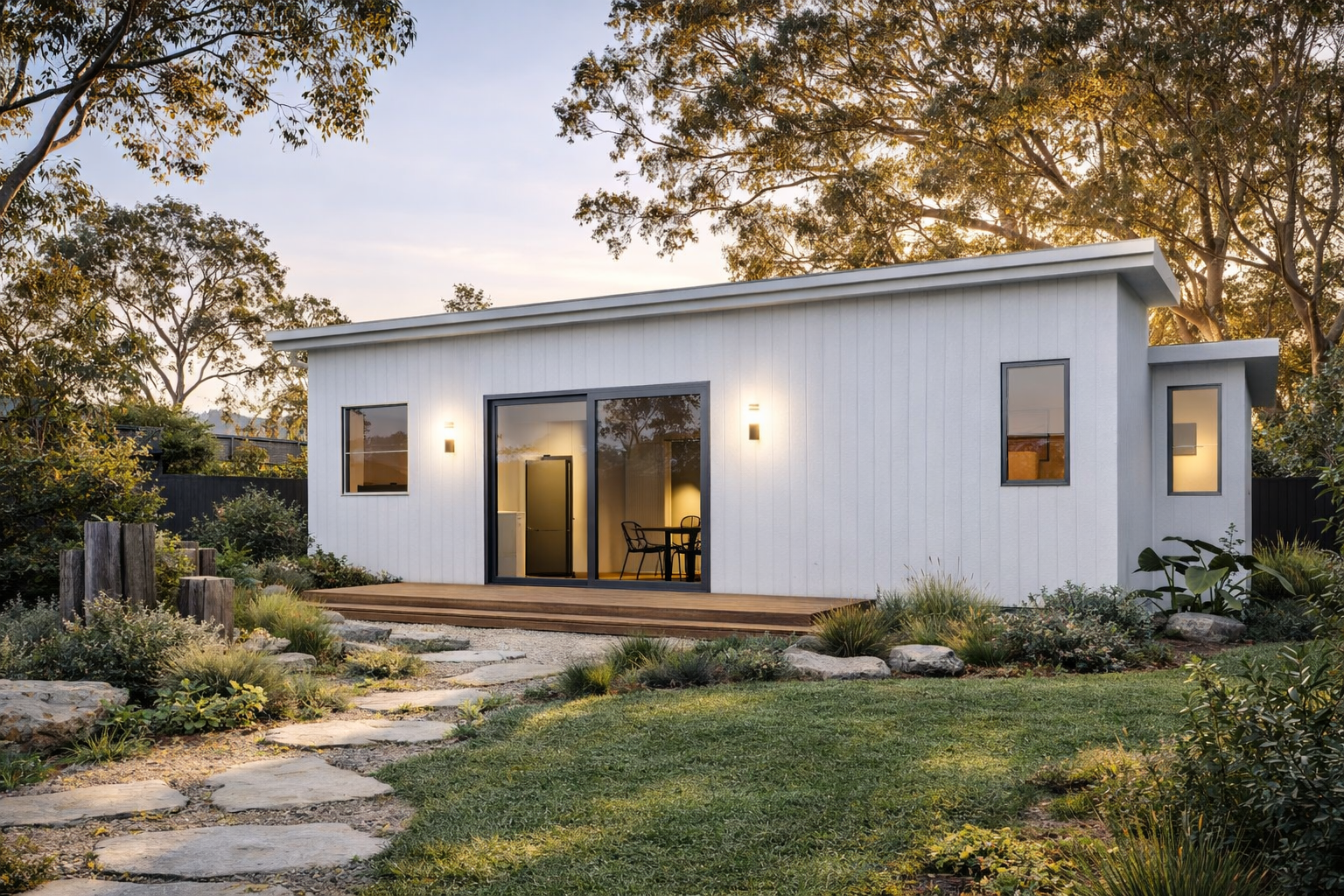Modern white house with large glass sliding door, surrounded by landscaped yard with plants, rocks, and a stone pathway, during sunset.