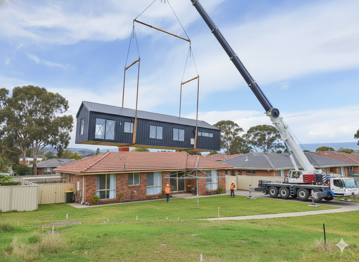 A crane lifting a large, black tiny house onto a residential brick house during daytime.