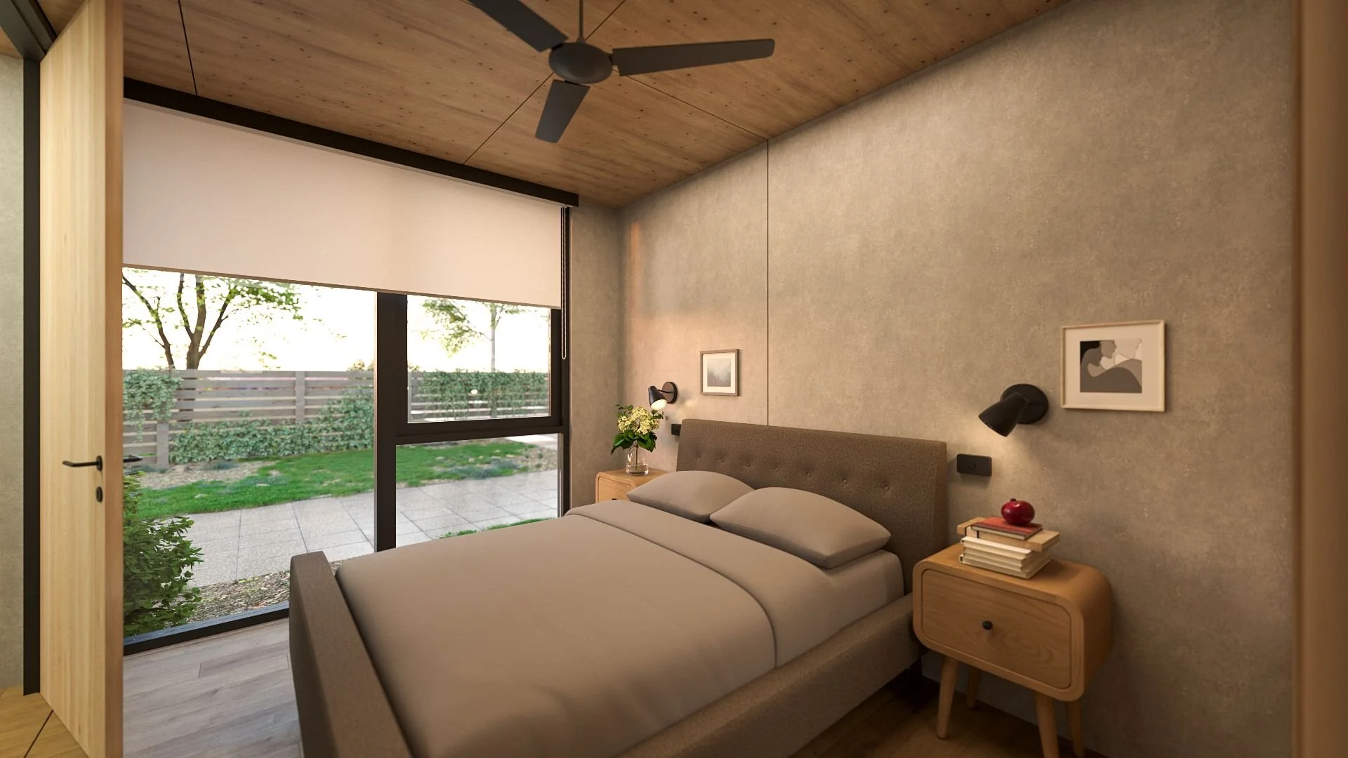 Freedom 60 bedroom with timber ceiling, double bed, and floor-to-ceiling window overlooking a backyard