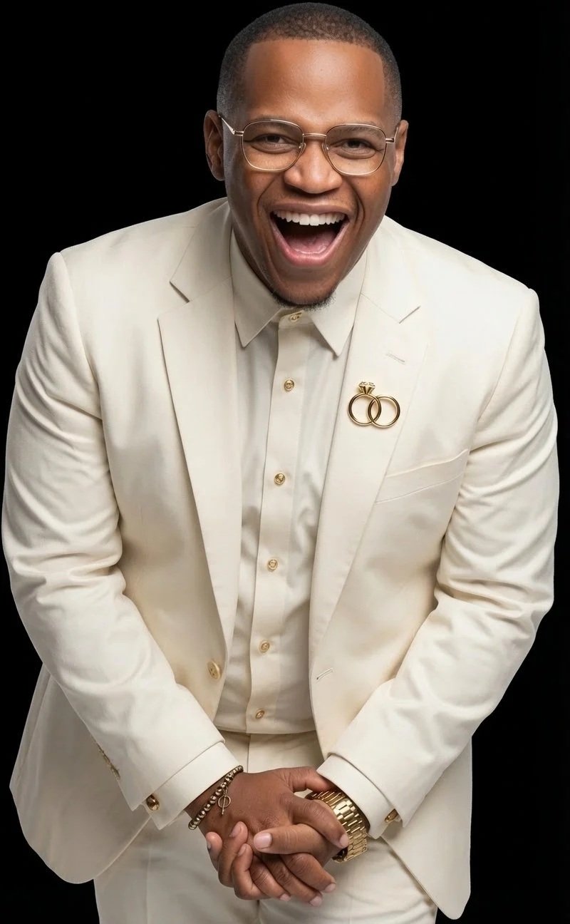 A man in a white suit smiling and laughing against a black background, with gold rings and wedding ring pins on his suit lapel.