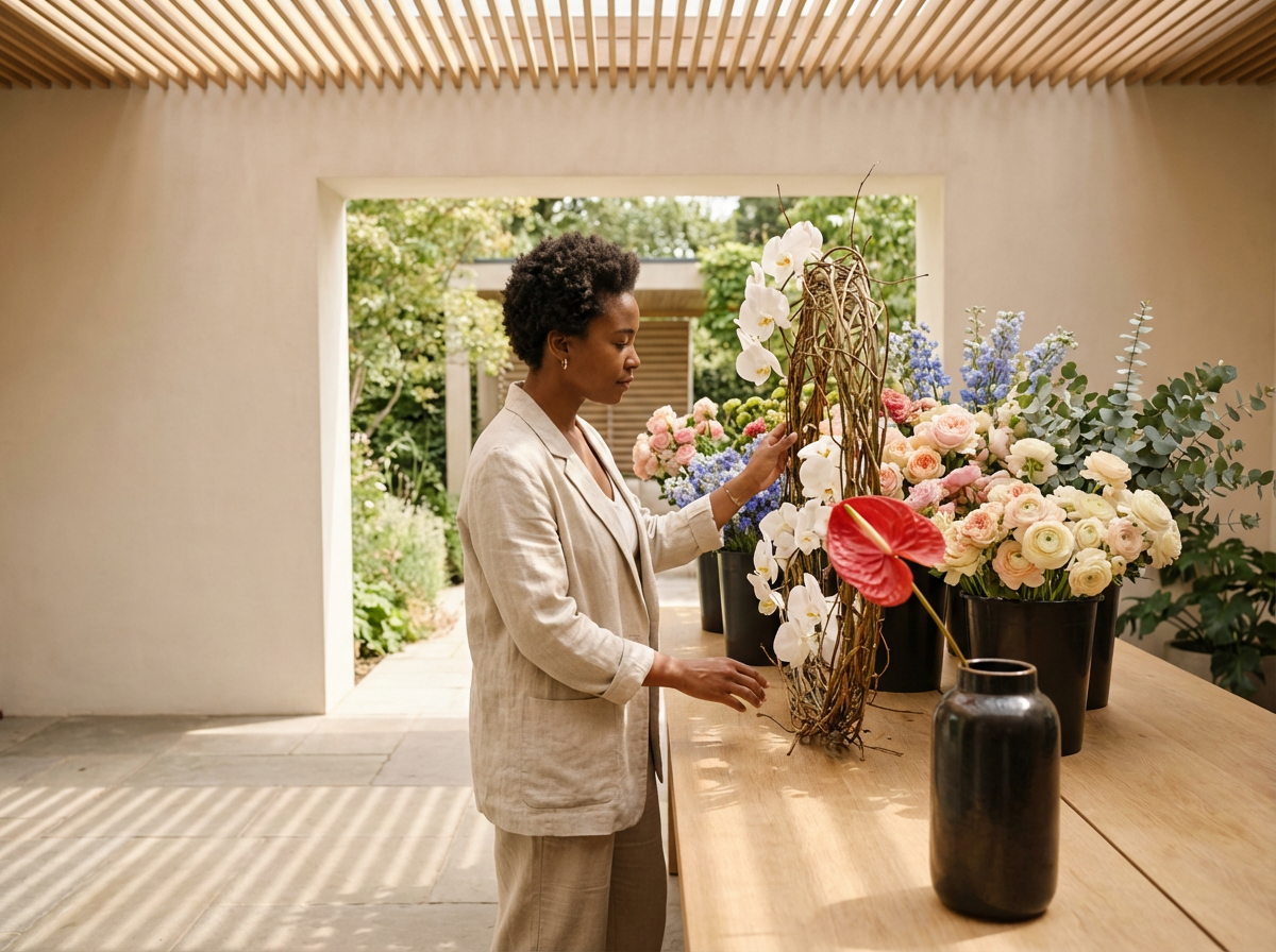 A woman arranging white orchids and other flowers in vases on a wooden table inside a modern, minimalist room with an open view to a garden.