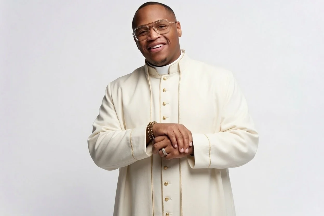 Clergy person in cream-colored religious robes, wearing glasses, smiling, with hands clasped and jewelry, standing against a plain white background.
