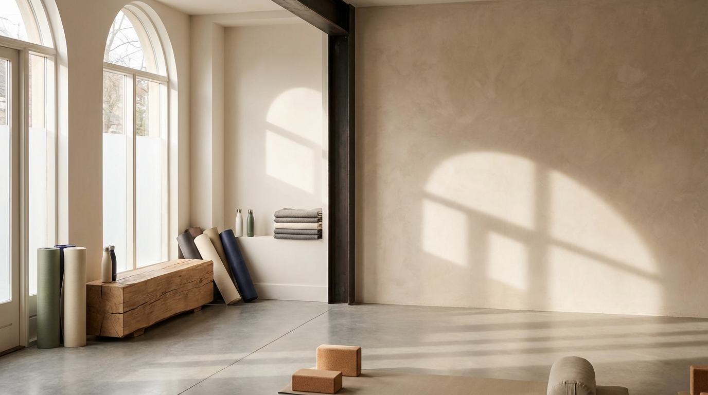 Yoga studio with large arched windows, sunlight casting shadows on a beige wall, a wooden bench, yoga mats, and folded towels.
