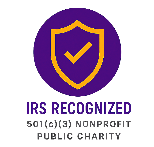 Purple circular badge with a yellow shield icon and checkmark inside. Text reads: 'IRS Recognized 501(c)(3) Nonprofit Public Charity'.